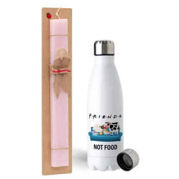 friends, not food, Easter Set, metallic stainless steel water bottle (750ml) & scented flat Easter candle (30cm) (PINK)