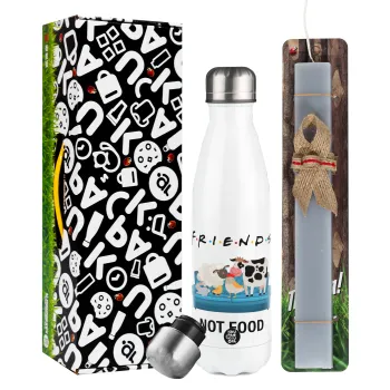 friends, not food, Easter candle, metallic white thermos bottle (500ml) & aromatic flat candle (30cm) (GRAY)
