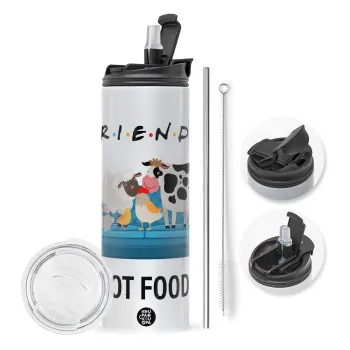 friends, not food, Travel Tumbler 2 Lids, with metal straw & cleaning brush (Stainless steel 304 Food grade, BPA free, 600ml)