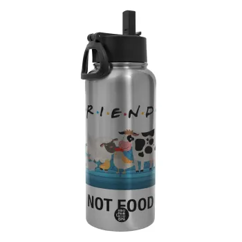 friends, not food, Μεταλλικό παγούρι θερμός Silver με καλαμάκι και χερούλι (Stainless steel), διπλού τοιχώματος, 950ml