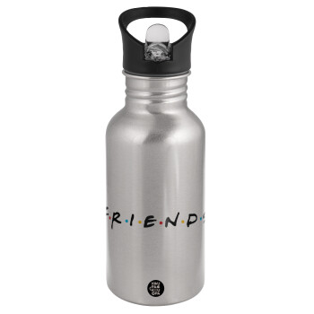 Friends, Water bottle Silver with straw, stainless steel 500ml