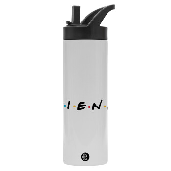 Friends, Metallic thermos bottle with straw & handle, stainless steel (Stainless steel 304), double-walled, 600ml.