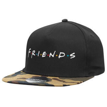 Friends, Adult Flat Snapback Hat Black/Camouflage, (100% COTTON TWILL, ADULT, UNISEX, ONE SIZE)