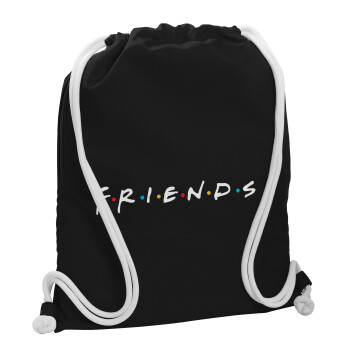 Friends, Backpack pouch GYMBAG Black, with pocket (40x48cm) & thick white cords