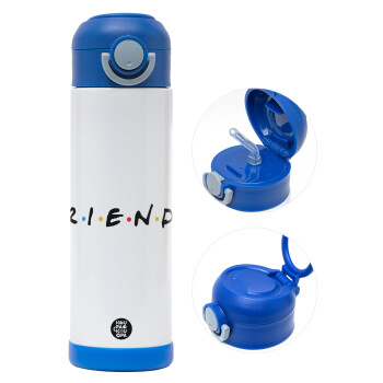 Friends, Children's hot water bottle, stainless steel, with safety straw, BLUE (500ml)