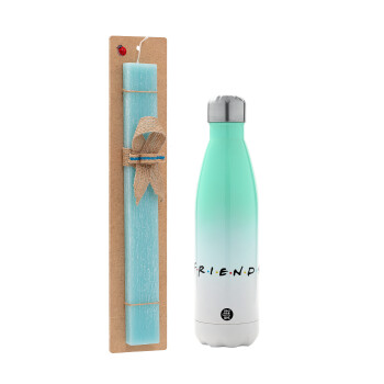 Friends, Easter Set, Metallic green/white thermos (Stainless steel), double-walled, 500ml & scented flat Easter candle (30cm) (TURQUOISE)