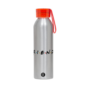 Friends, Aluminum Sports Bottle 650ml – Silver with Red Cap and Silicone Strap