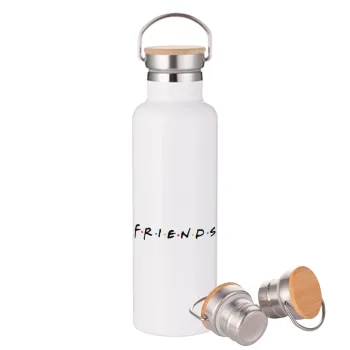 Friends, Μεταλλικό παγούρι θερμός (Stainless steel) Λευκό με ξύλινο καπάκι (bamboo), διπλού τοιχώματος, 750ml