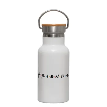 Friends, Metallic thermos (Stainless steel) White with wooden lid (bamboo), double-walled, 350ml
