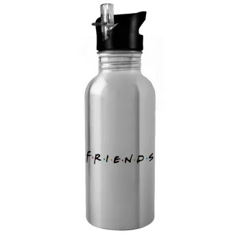 Friends, Παγούρι νερού Ασημένιο με καλαμάκι, ανοξείδωτο ατσάλι 600ml