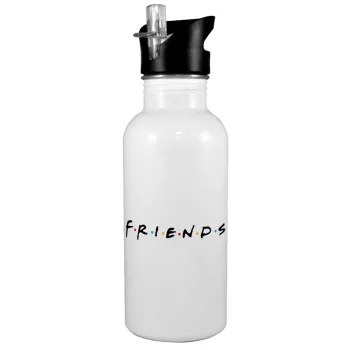 Friends, White water bottle with straw, stainless steel 600ml