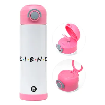 Friends, Children's hot water bottle, stainless steel, with safety straw, PINK (500ml)