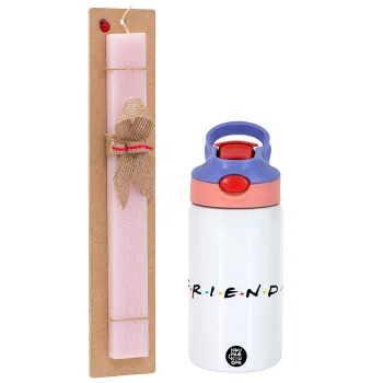 Friends, Easter Set, Children's thermal stainless steel water bottle with safety straw, pink/purple (350ml) & Easter scented flat candle (30cm) (PINK)