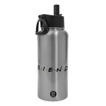 Friends, Metal mug thermo Silver with Straw and Spout Lid (Stainless steel), double wall, 950ml