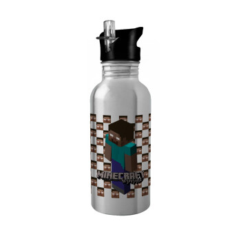 Minecraft herobrine, Water bottle Silver with straw, stainless steel 600ml