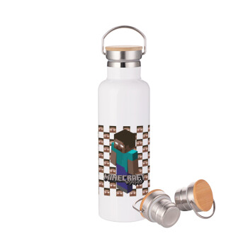 Minecraft herobrine, Stainless steel White with wooden lid (bamboo), double wall, 750ml