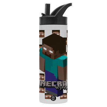 Minecraft herobrine, Metallic thermos bottle with straw & handle, stainless steel (Stainless steel 304), double-walled, 600ml.