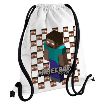 Minecraft herobrine, Τσάντα πλάτης πουγκί GYMBAG λευκή, με τσέπη (40x48cm) & χονδρά κορδόνια