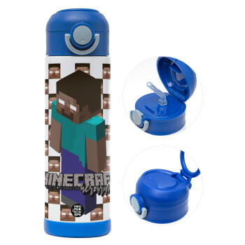 Minecraft herobrine, Children's hot water bottle, stainless steel, with safety straw, BLUE (500ml)