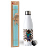 Easter Set, metallic stainless steel water bottle (750ml) & aromatic flat Easter candle (30cm) (TURQUOISE)