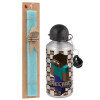 Easter Set, metallic silver aluminum water bottle (500ml) & scented flat Easter candle (30cm) (TURQUOISE)