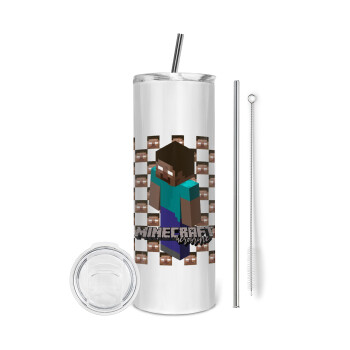 Minecraft herobrine, Eco friendly ποτήρι θερμό (tumbler) από ανοξείδωτο ατσάλι 600ml, με μεταλλικό καλαμάκι & βούρτσα καθαρισμού