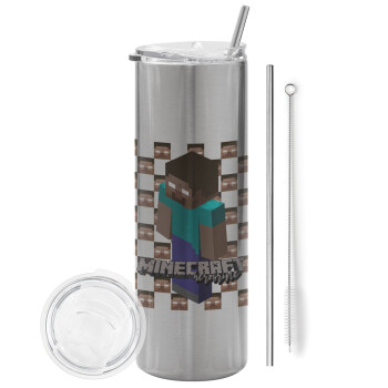Minecraft herobrine, Tumbler stainless steel Silver 600ml, with metal straw & cleaning brush