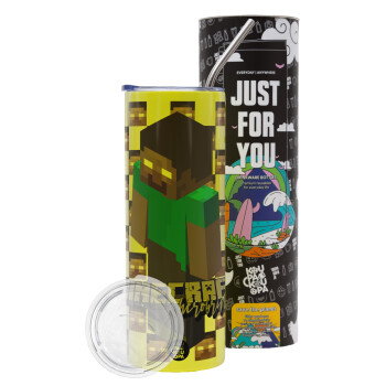 Minecraft herobrine, Neon Yellow Travel Tumbler, with metal straw (Stainless steel 304 Food grade, BPA free, 600ml)