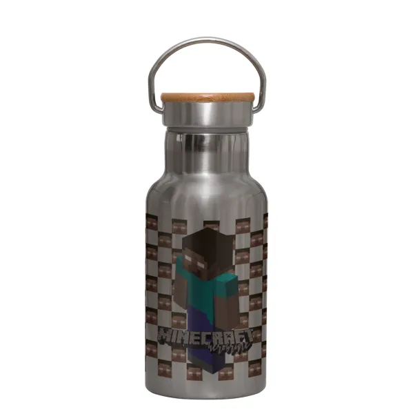 Minecraft herobrine — Stainless steel metallic thermos flask, silver with a bamboo lid, double-walled, 350ml.