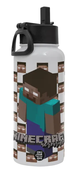 Minecraft herobrine — Metal mug thermo White with Straw and Spout Lid (Stainless steel), double wall, 950ml