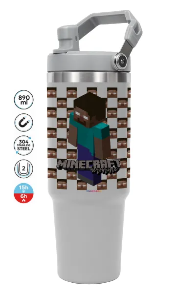 Minecraft herobrine — ΓΚΡΙ Travel Tumbler Θερμός με χερούλι και καλαμάκι 890ml