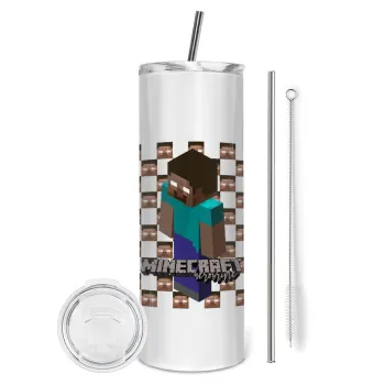 Minecraft herobrine, Tumbler ποτήρι θερμό από ανοξείδωτο ατσάλι 600ml, με μεταλλικό καλαμάκι & βούρτσα καθαρισμού
