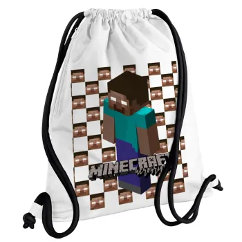 Minecraft herobrine, Backpack pouch GYMBAG white, with pocket (40x48cm) & thick cords