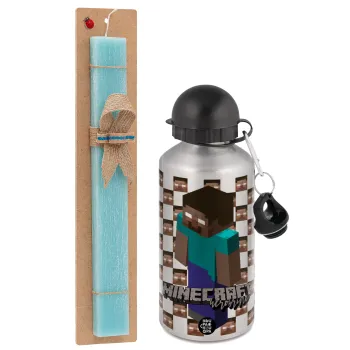 Minecraft herobrine, Easter Set, metallic silver aluminum water bottle (500ml) & scented flat Easter candle (30cm) (TURQUOISE)