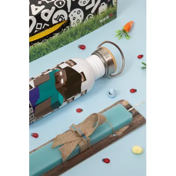 Minecraft herobrine, Easter Set, metallic silver aluminum water bottle (500ml) & scented flat Easter candle (30cm) (TURQUOISE)