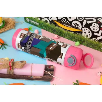 Minecraft herobrine, Easter candle, Childrens hot water bottle, stainless steel, with safety straw, PINK (500ml)
