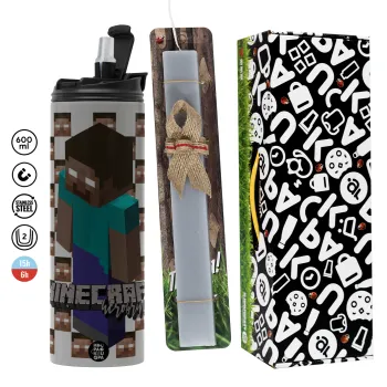 Minecraft herobrine, Easter candle with Grey Tumbler Thermo 600ml & aromatic flat candle (30cm) (GREY)