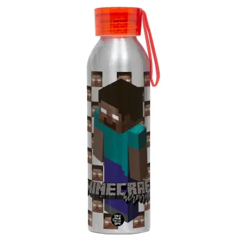 Minecraft herobrine, Αλουμινένιο Αθλητικό Μπουκάλι 650ml – Ασημί με Κόκκινο Καπάκι και Λουράκι Σιλικόνης