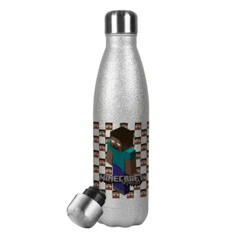 Minecraft herobrine, Metallic Glitter Silver Thermos Flask (Stainless steel), double-walled, 500ml