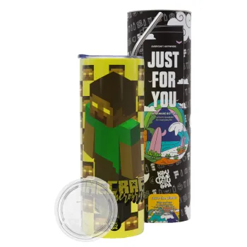 Minecraft herobrine, Neon Yellow Travel Tumbler θερμό, μεταλλικό καλαμάκι(Ανωξείδωτο 304 Food grade, BPA free, 600ml)