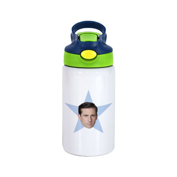 michael the office star, Children's hot water bottle, stainless steel, with safety straw, green, blue (350ml)
