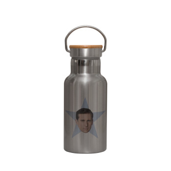 michael the office star, Stainless steel metallic thermos flask, silver with a bamboo lid, double-walled, 350ml.