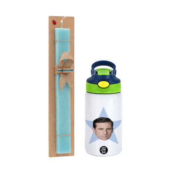 michael the office star, Easter Set, Children's thermal stainless steel bottle with safety straw, green/blue (350ml) & aromatic flat Easter candle (30cm) (TURQUOISE)