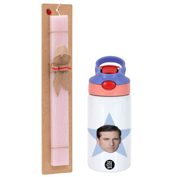 michael the office star, Easter Set, Children's thermal stainless steel water bottle with safety straw, pink/purple (350ml) & Easter scented flat candle (30cm) (PINK)