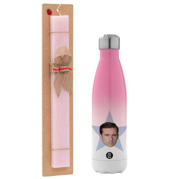 michael the office star, Easter Set, Metallic pink/white (Stainless steel) thermos, double-walled, 500ml & aromatic flat Easter candle (30cm) (PINK)