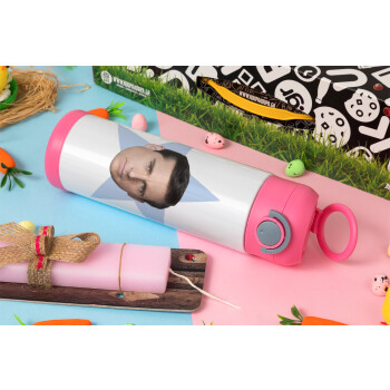 michael the office star, Easter candle, Childrens hot water bottle, stainless steel, with safety straw, PINK (500ml)