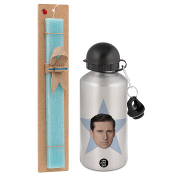 michael the office star, Easter Set, metallic silver aluminum water bottle (500ml) & scented flat Easter candle (30cm) (TURQUOISE)