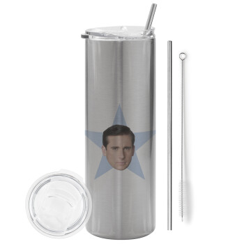 michael the office star, Eco friendly stainless steel Silver tumbler 600ml, with metal straw & cleaning brush