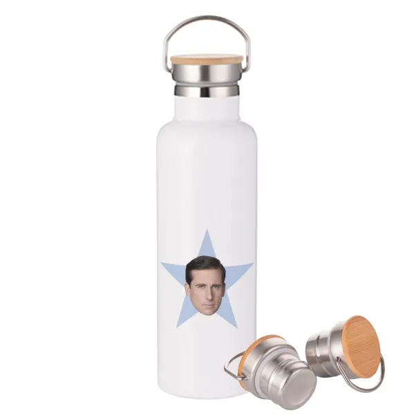 michael the office star — Μεταλλικό παγούρι θερμός (Stainless steel) Λευκό με ξύλινο καπάκι (bamboo), διπλού τοιχώματος, 750ml