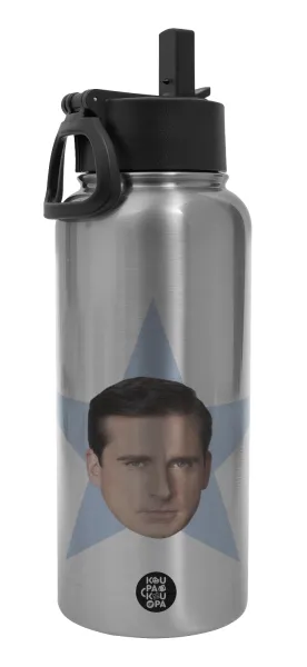 michael the office star — Metal mug thermo Silver with Straw and Spout Lid (Stainless steel), double wall, 950ml